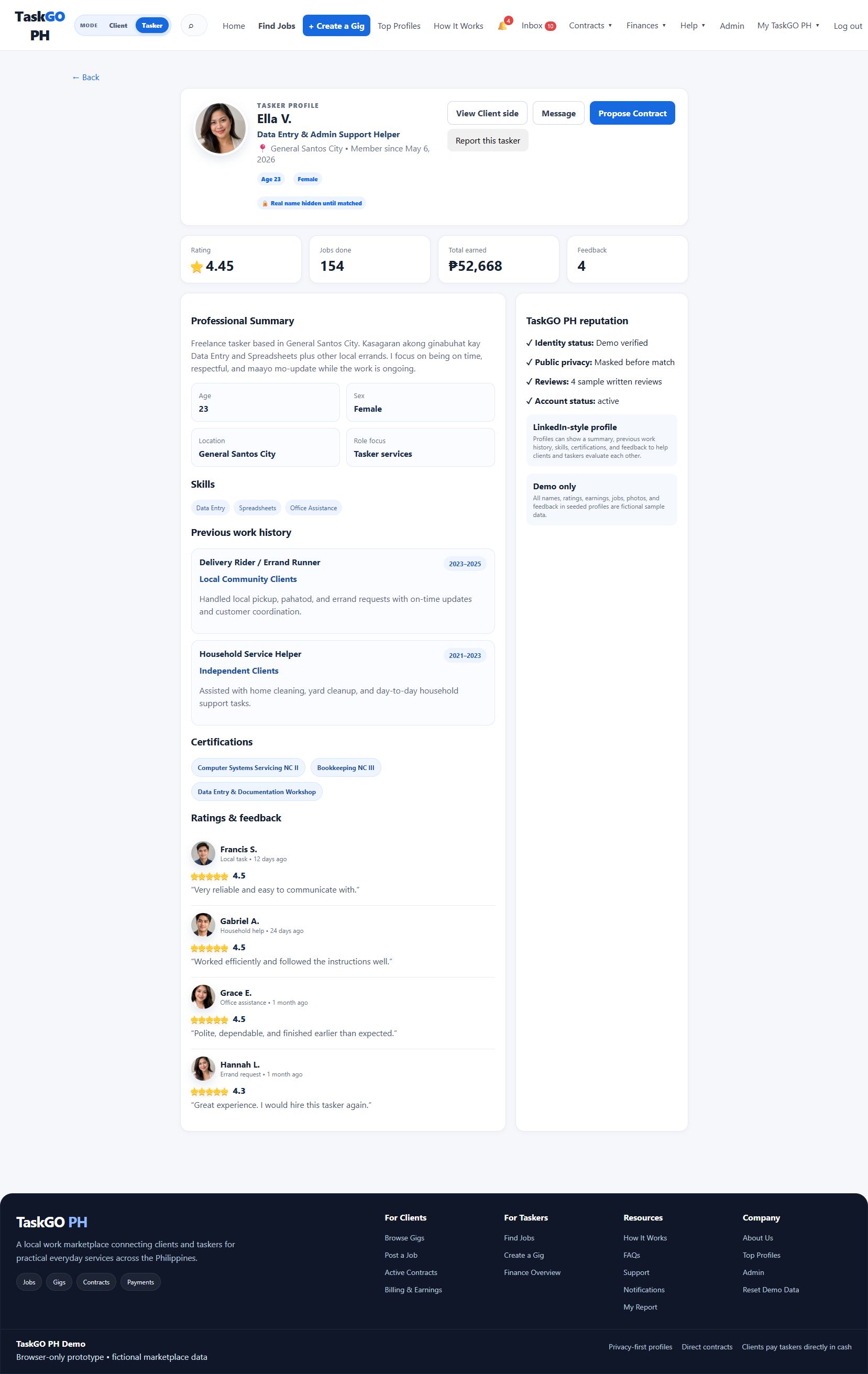 Tasker Profile for applicant Ella V., with her photo, professional summary, 4.45 star rating, 154 completed jobs, skills, and work history.