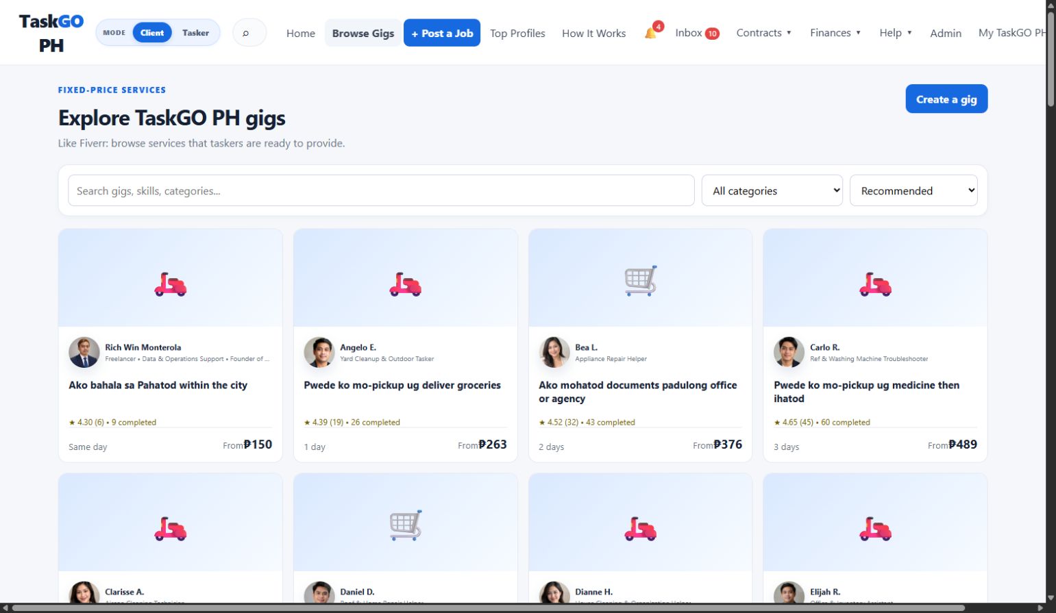 Client Browse Gigs page showing local service cards with tasker photos, ratings, and starting prices.