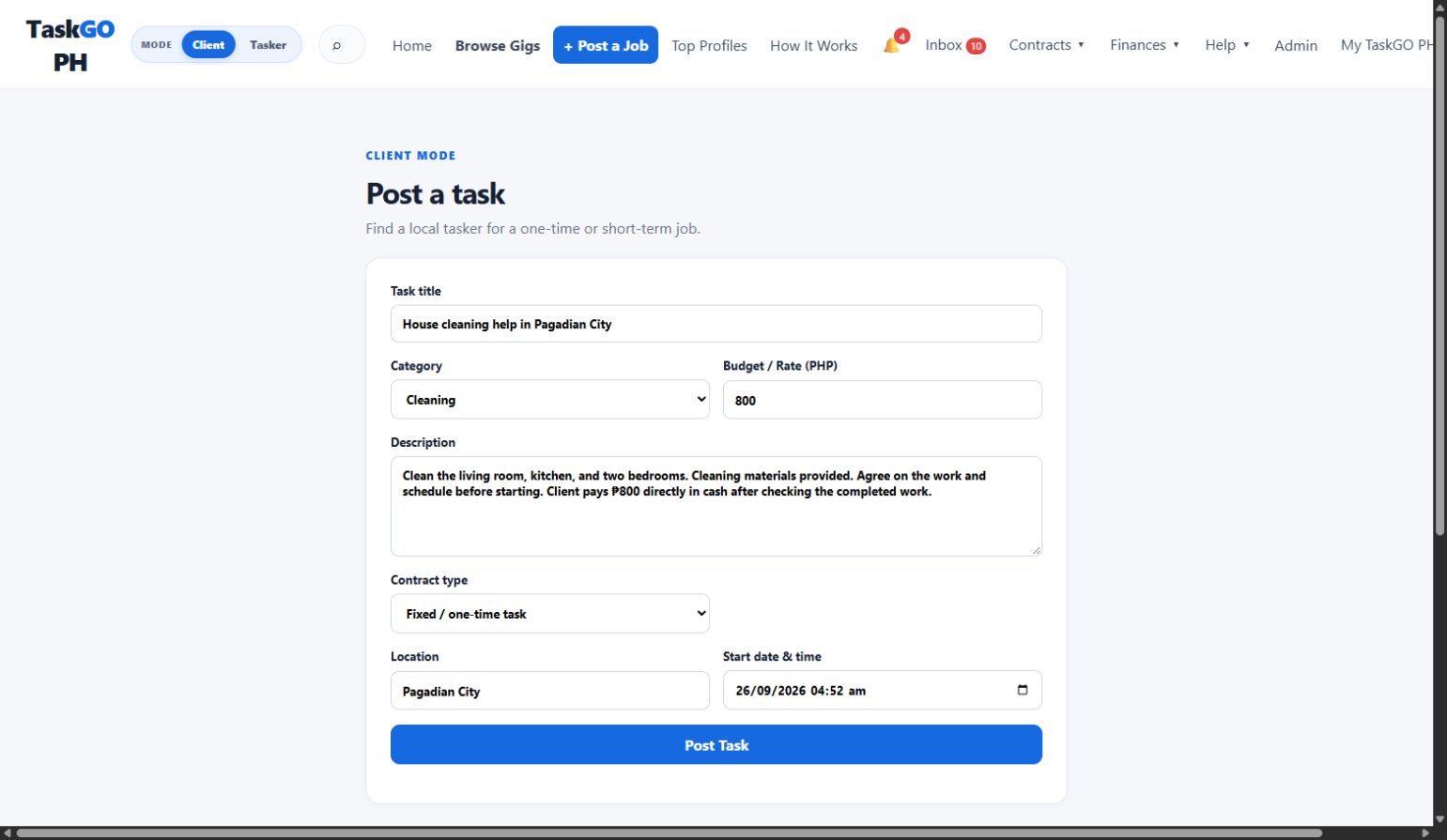 Client job post form filled with a house-cleaning task, an 800-peso budget, task details, and Pagadian City location.