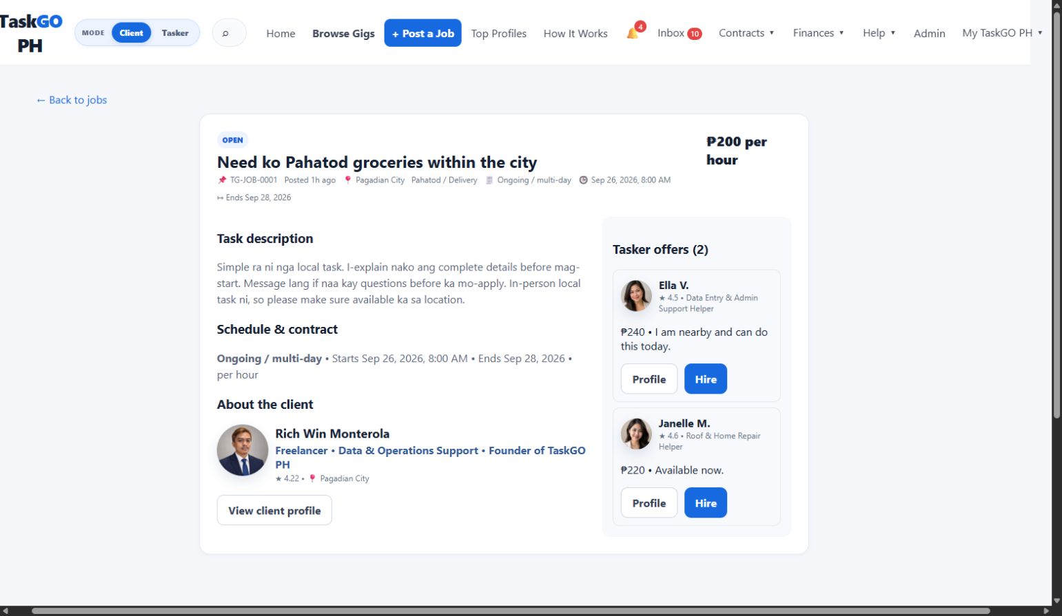 Client's posted delivery job with two tasker applications from Ella V. and Janelle M., showing ratings, proposed amounts, messages, Profile buttons, and Hire buttons.
