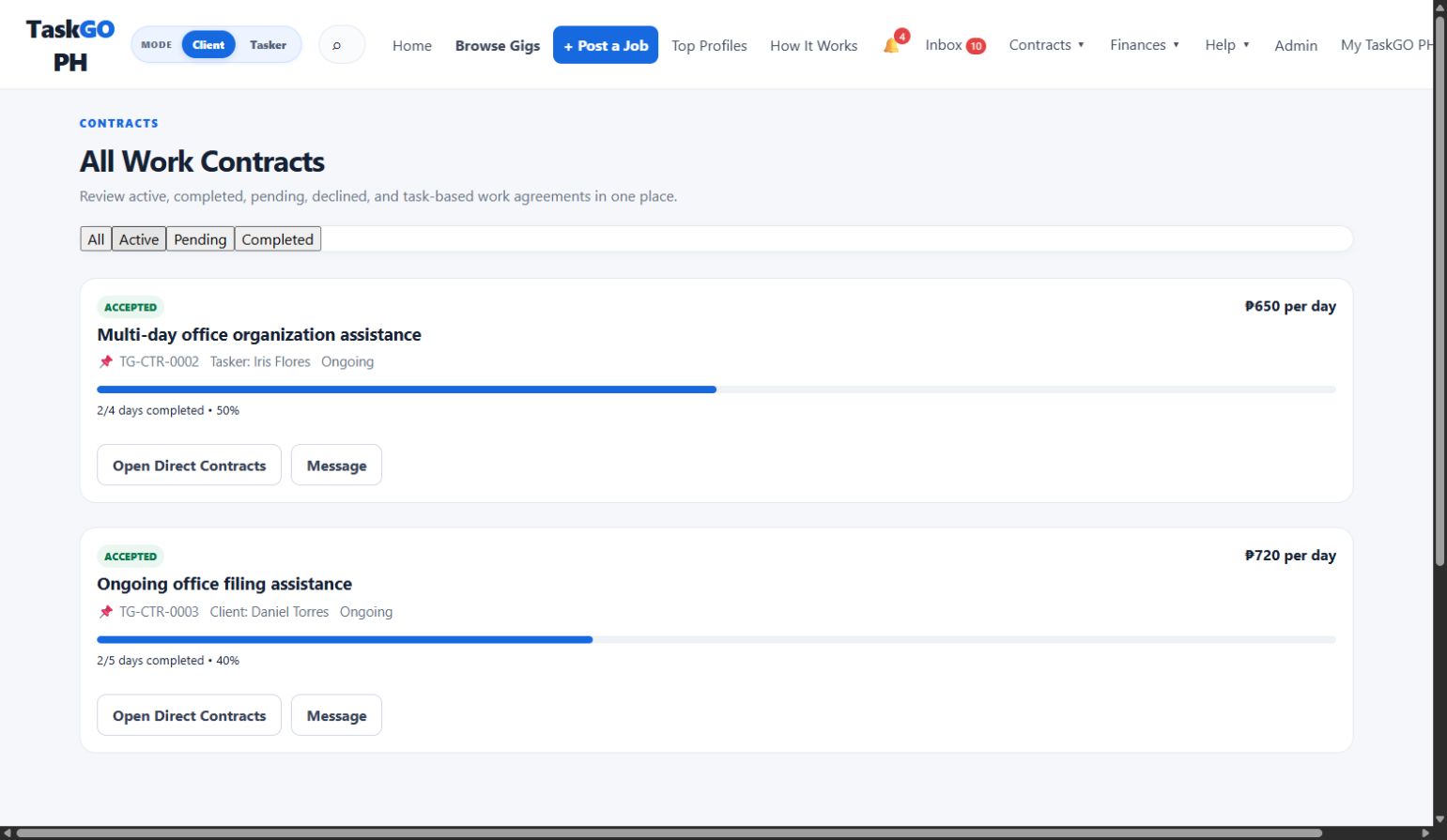 All Work Contracts showing an accepted office-organization contract at 650 pesos per day, with two of four days completed and 50 percent progress.