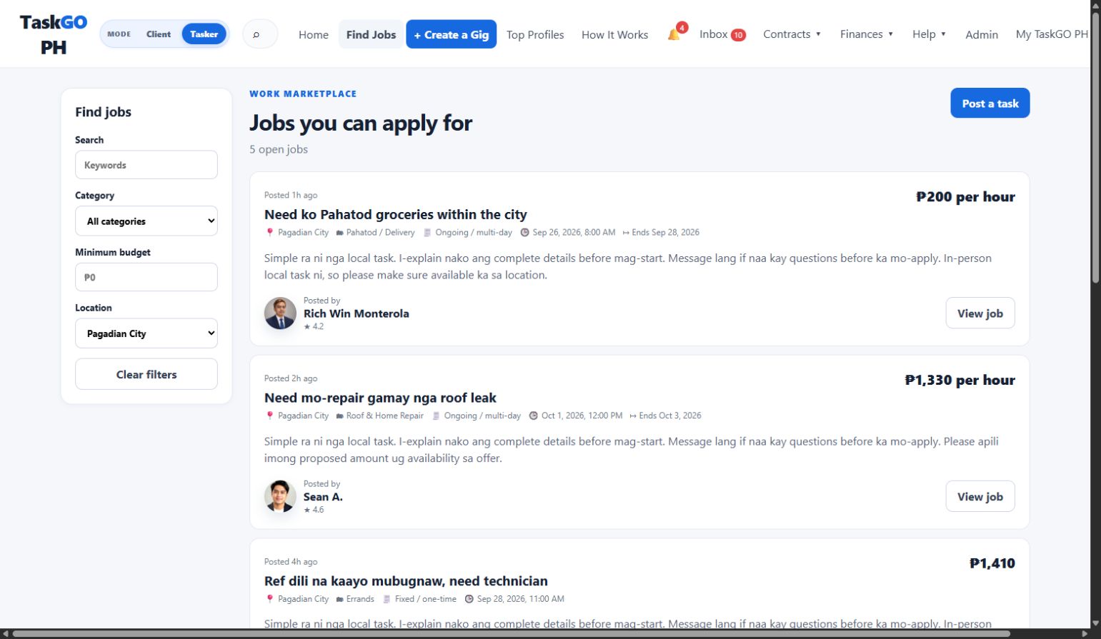 Tasker Find Jobs page filtered to Pagadian City, showing client job descriptions, budgets, and View job buttons.