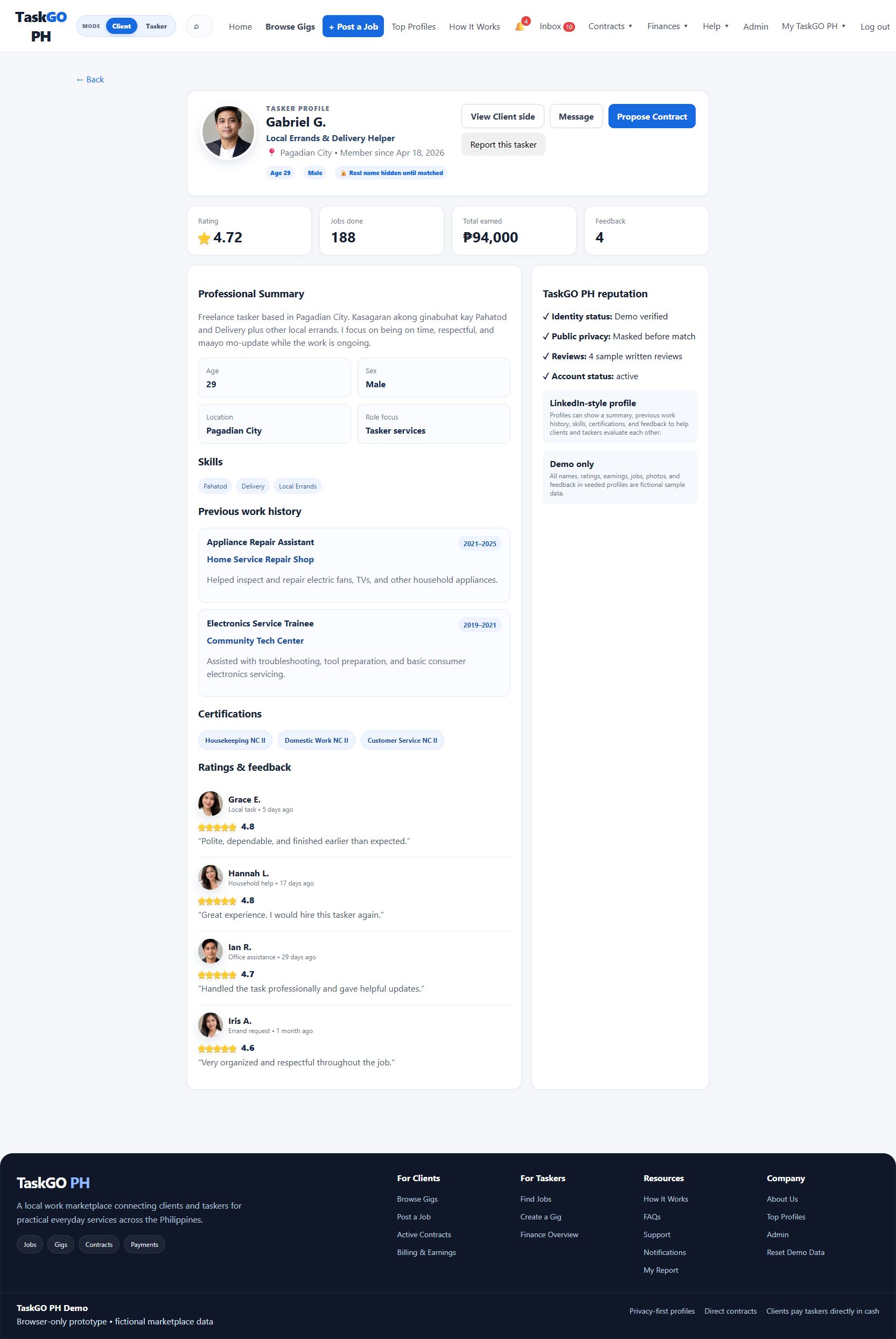 Sample tasker Gabriel G. in Pagadian City, with a 4.72 rating, completed jobs, skills, previous work history, and four written reviews from clients.